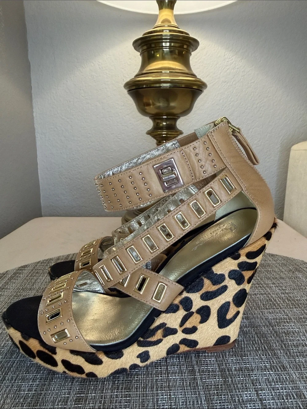 Leopard Print Tan Wedge Sandals with Studded Straps
